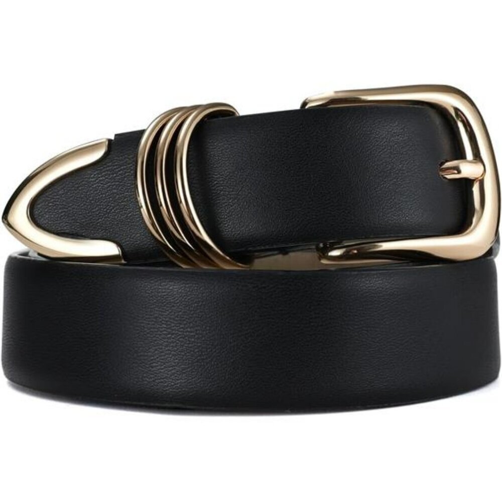 Womens black leather belt fashion waist belt with gold buckle for jeans dresses